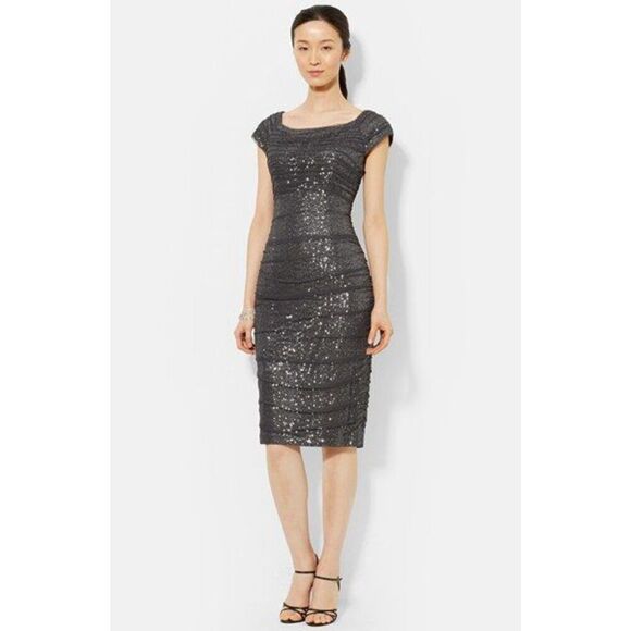 Lauren Ralph Lauren Gray Sequin Ruched Mesh Dress Size 6 - Picture 1 of 13